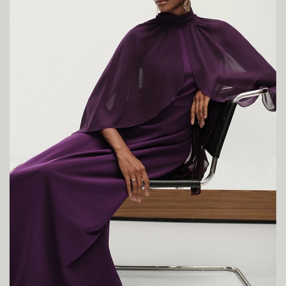 Plum Purple Cape Sleeve Stand Collar Slim Maxi Dress